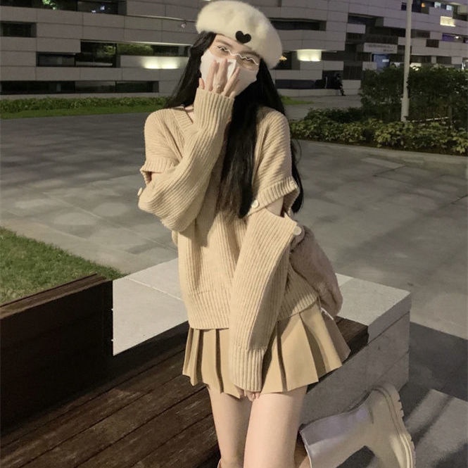 Bộ Áo sweater Cổ Chữ V Màu Sắc Trơn Phối Chân Váy Xếp Ly Lưng Cao Ôm Dáng Thời Trang Cho Nữ