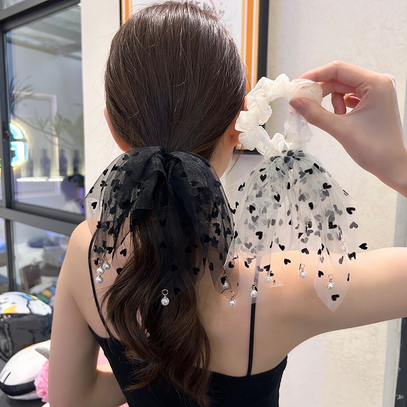 Dây Cột Tóc Vải Lưới Họa Tiết Chấm Bi Phối Tua Rua Và Ngọc Trai Xinh Xắn