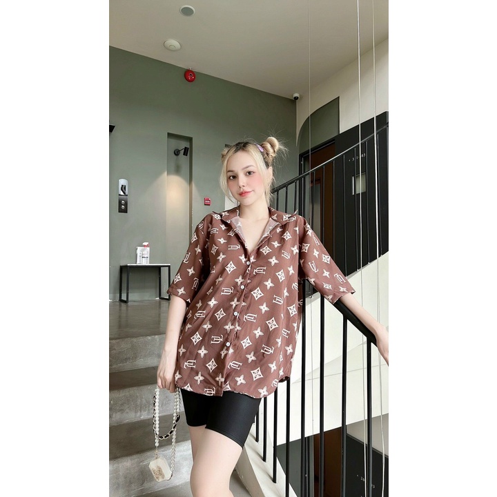 Sét bộ áo sơ mi form rộng in logo eo vì hiệu kín áo phối quần ngố thun cực hot , chất kate mềm mát alohashop91