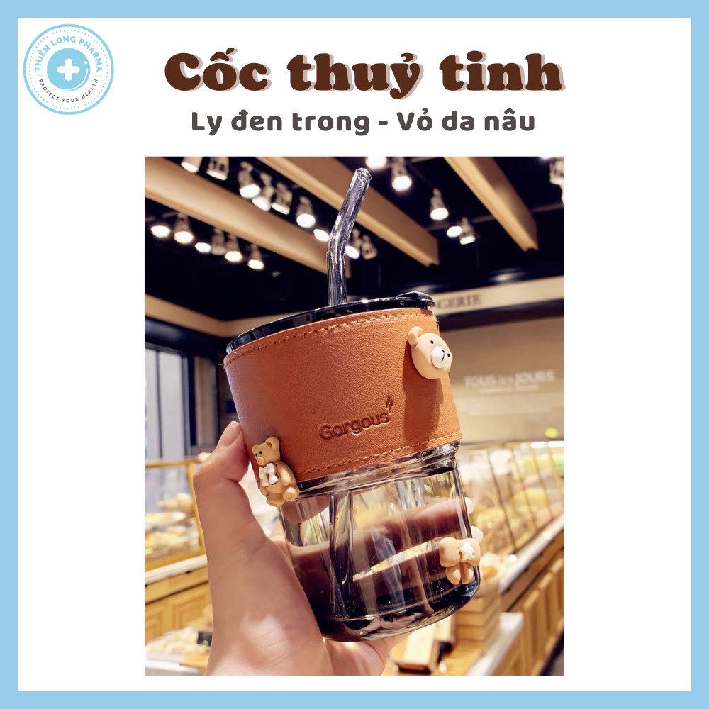 Cốc thuỷ tinh 450ml tặng Sticker trang trí ly, bình nước thuỷ tinh có nắp kèm bao da