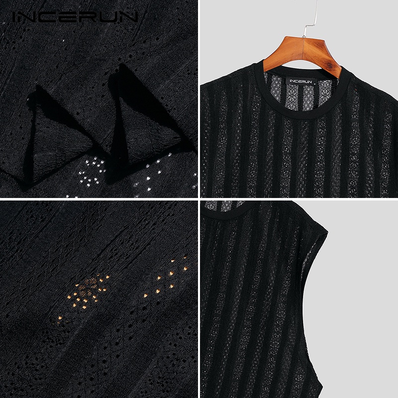 Áo tank top INCERUN sát nách dáng rộng phối ren xuyên thấu thời trang trẻ trung dành cho nam