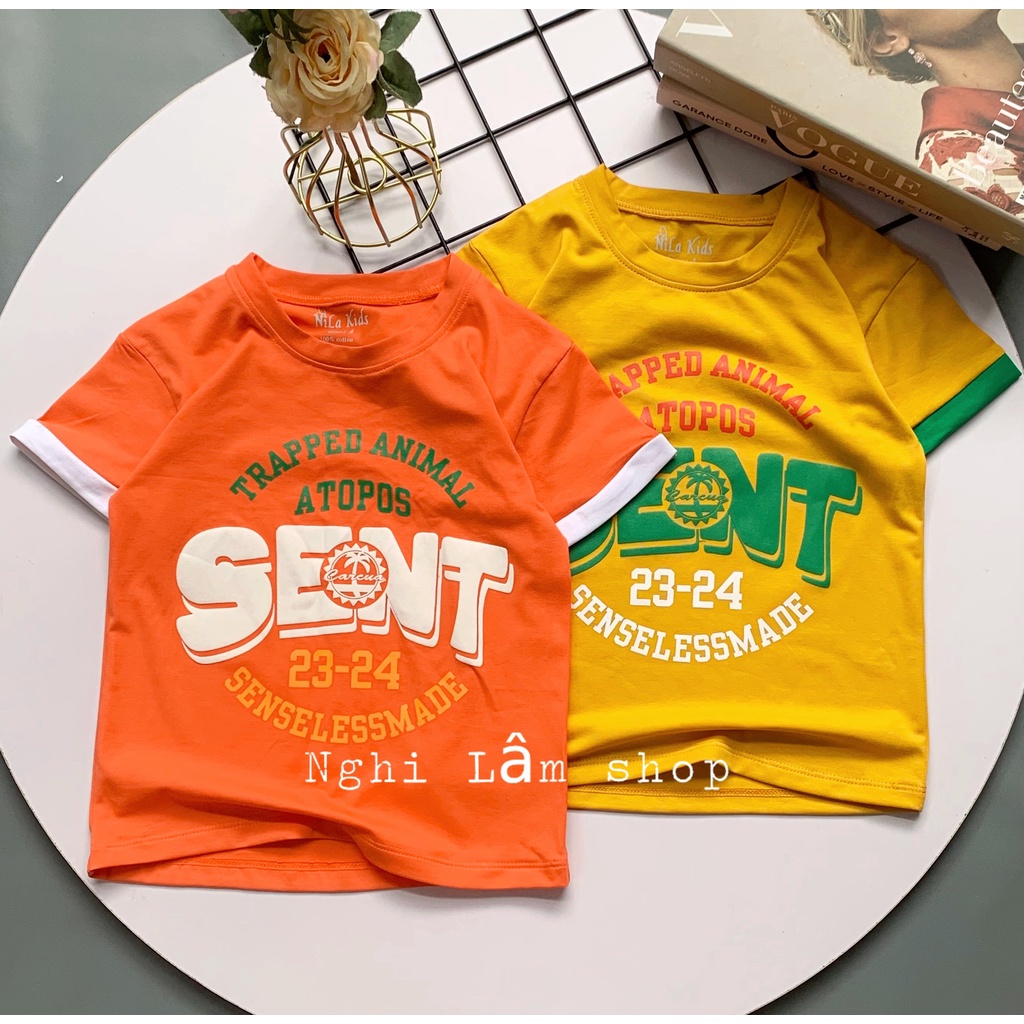 Áo thun ngắn tay bé trai chất liệu thun cotton 100% in chữ SENT cho bé từ 10-36kg