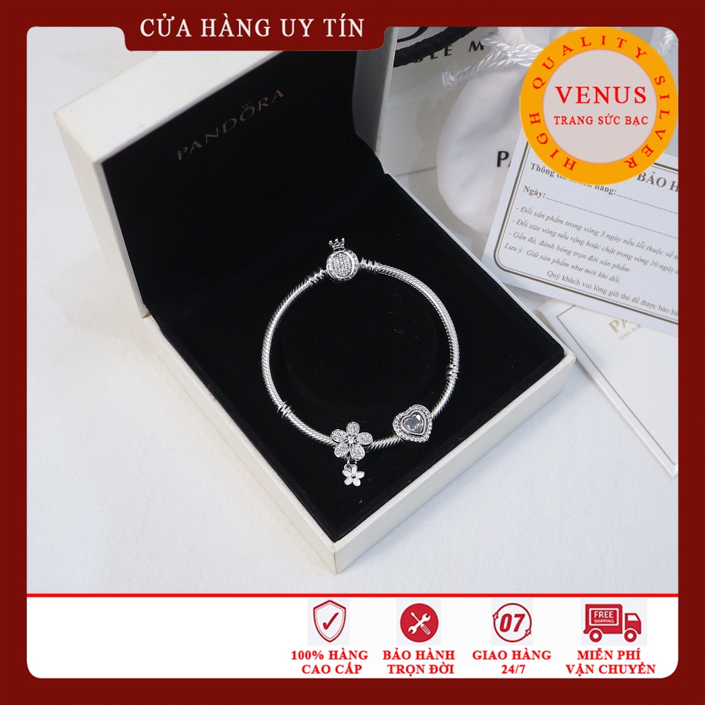 Vòng charm khóa vương miện xâu charm hoa daisy và tim trắng- Bạc 925 cao cấp- Trang sức bạc Venus