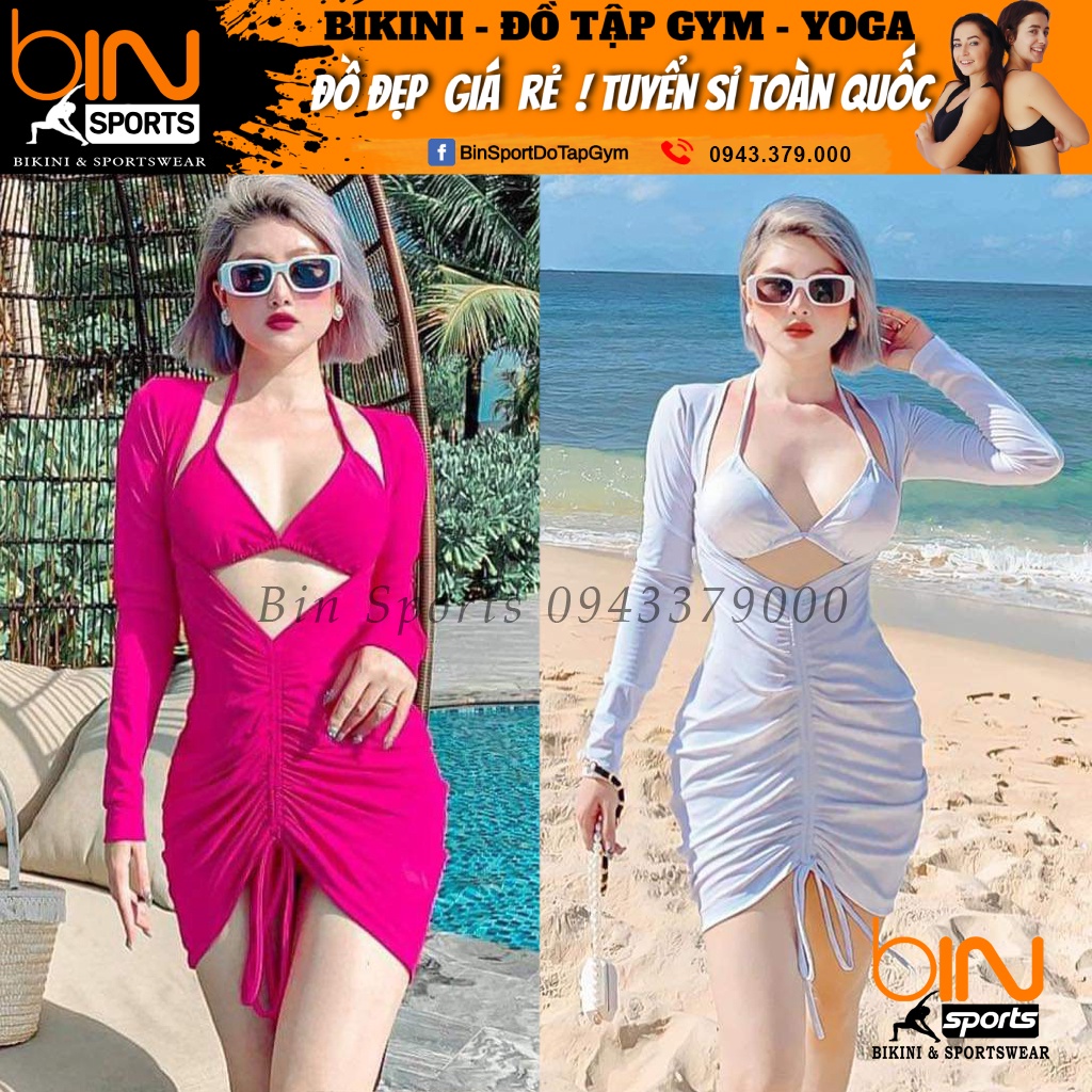 Bikini Đồ Bơi Nữ Set 3 Món Aó Zip Dài Tay Dây Rút Quần Chíp Bin Sports BHV144