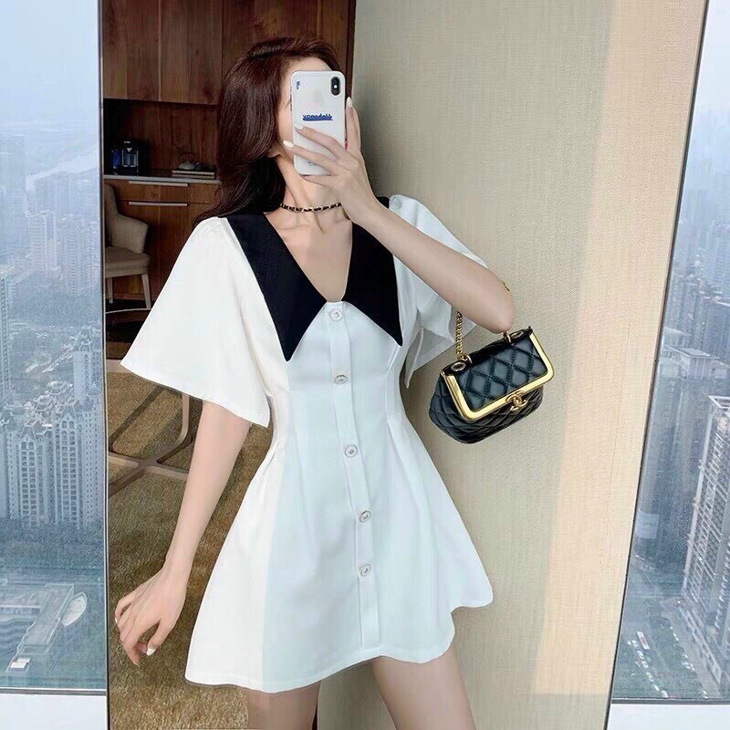 [ Miễn phí ship 2022 ] Đầm đen trắng phối cổ nhọn dáng xòe, váy tiểu thư kết nút chiết eo tay ngắn phong cách hàn quốc