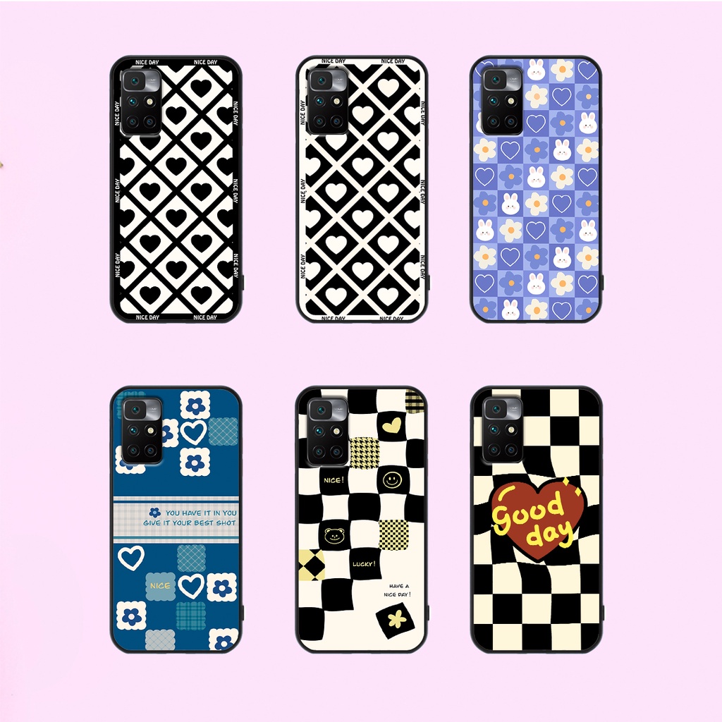 Ốp lưng Xiaomi Redmi 10 in hoạ tiết caro trái tim đen trắng, gấu bear cute đáng yêu