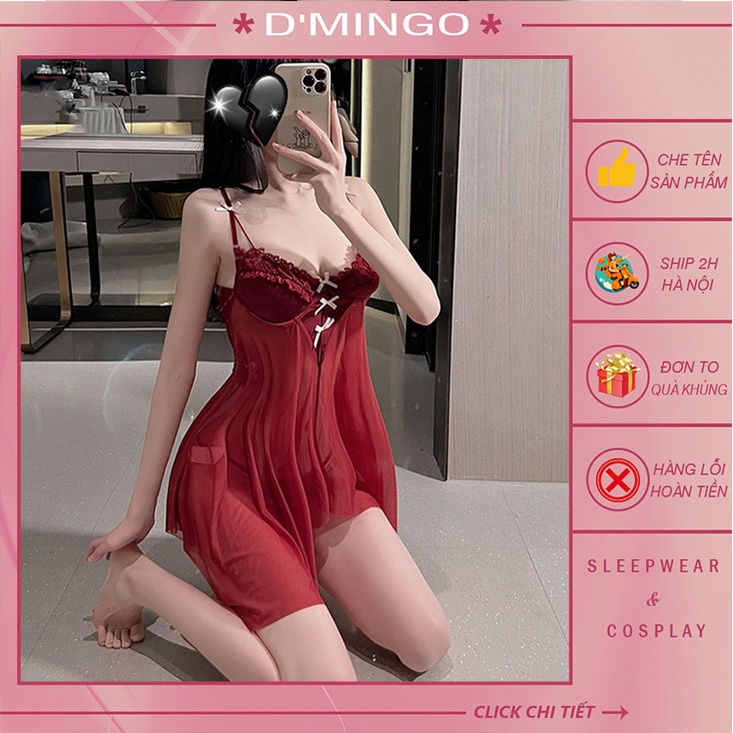 Váy ngủ sexy đầm ngủ gợi cảm 2 dây VOAN phối ren hở lưng nâng ngực quyến rũ ( tặng kèm quần chip lọt khe) VN70