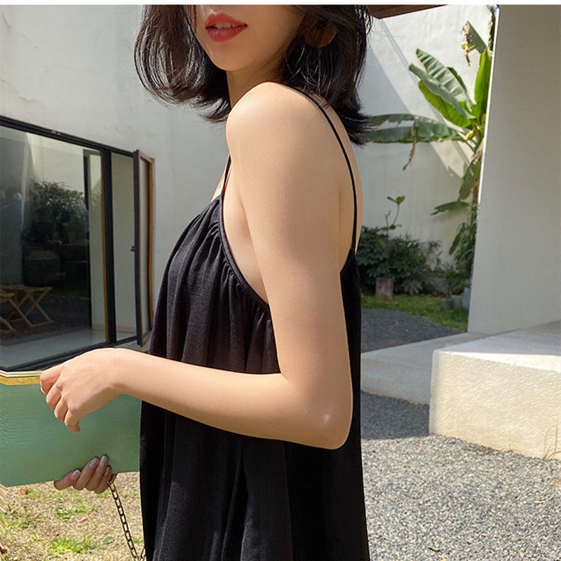 Đầm Chữ A Hai Dây Màu Trơn Bằng Vải Voan Thời Trang Hàn Quốc Gợi Cảm