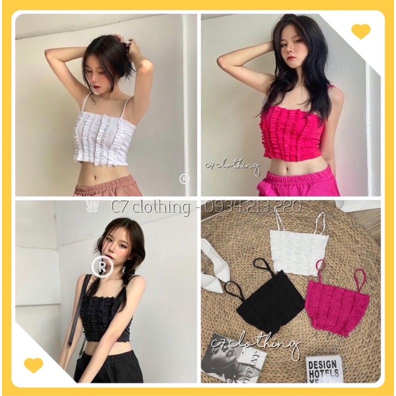 (freeship-ảnh thật) Áo kiểu 2 dây croptop viền bèo đứng cực xinh , chất thun gân mềm mịn