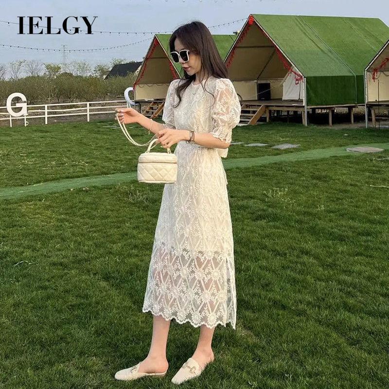 Đầm  IELGY dáng chữ A dài mỏng màu trơn họa tiết vân kim cương phong cách Hàn Quốc