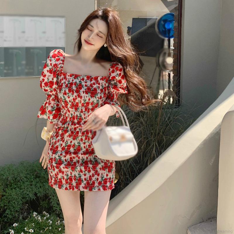 Đầm Hoa Tay Phồng Cổ Vuông Dáng Ôm Kiểu Retro Pháp Thời Trang Mùa Hè Cho Nữ