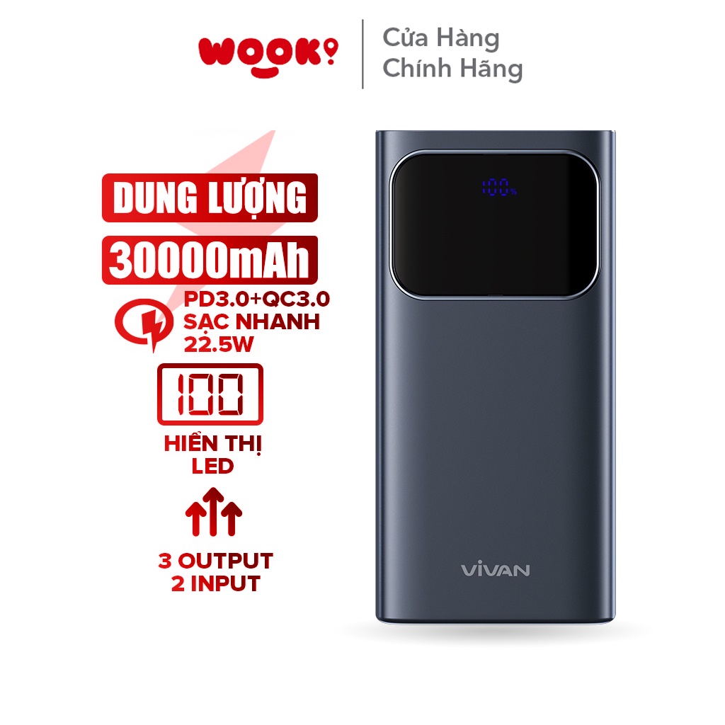 Pin Sạc Dự Phòng VIVAN VPB-C30 Dung Lượng 30000MAH Công Suất Lớn 22.5W Hỗ Trợ Sạc Nhanh 5A Chuẩn PD QC 3.0 VOOC