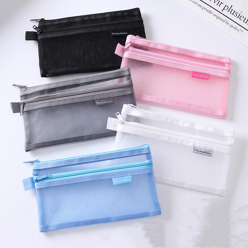 Túi lưới trong suốt đựng bút/mỹ phẩm có khóa kéo tiện dụng
