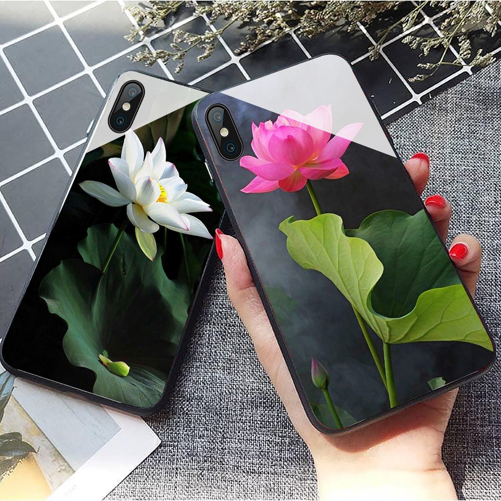 Ốp Lưng Iphone Mặt Sau Kính Cường Lực In Hoa Sen p Iphone6/6s/7/8/7plus/8plus/x/xs/xsmax/11/11pro/12pro/12promax/