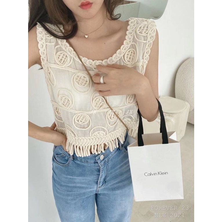 Mới Áo Thun Sát Nách Phối Tua Rua Cho Nữ