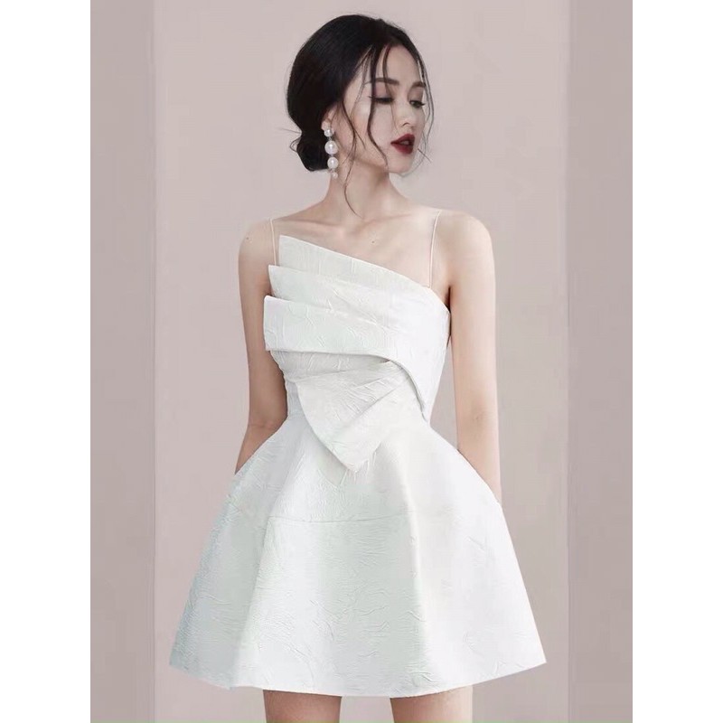 Đầm dự tiệc sang trọng MINA chất liệu gấm hoa nổi thiết kế hai dây dáng xoè đắp nơ ngực (CÓ ĐỆM NGỰC) MN126 | BigBuy360 - bigbuy360.vn