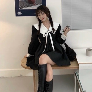 Đầm tiểu thư tay dài phối cổ sen trắng thắt nơ