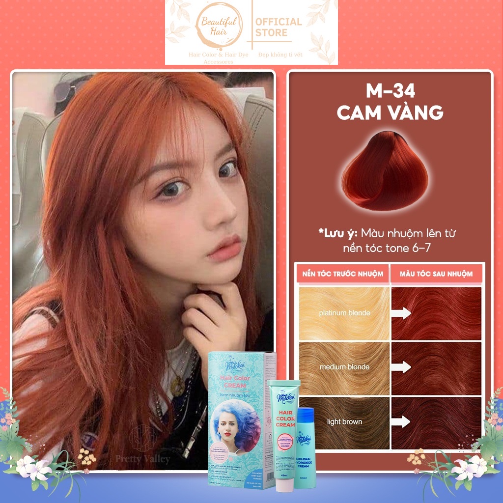 Thuốc Nhuộm Tóc 💖 Màu Cam Vàng 💖 MOLOKAI, Kem Nhuộm Tóc 🔸 Phủ Bạc 🔸 Tại Nhà Chứa Collagen Tảo Biển Siêu Dưỡng