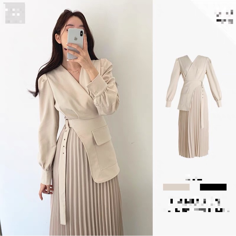 Váy MORAN cổ vest kèm đai thắt eo xòe dài xếp ly sang trọng Hàn Quốc- Kèm ảnh thật cuối