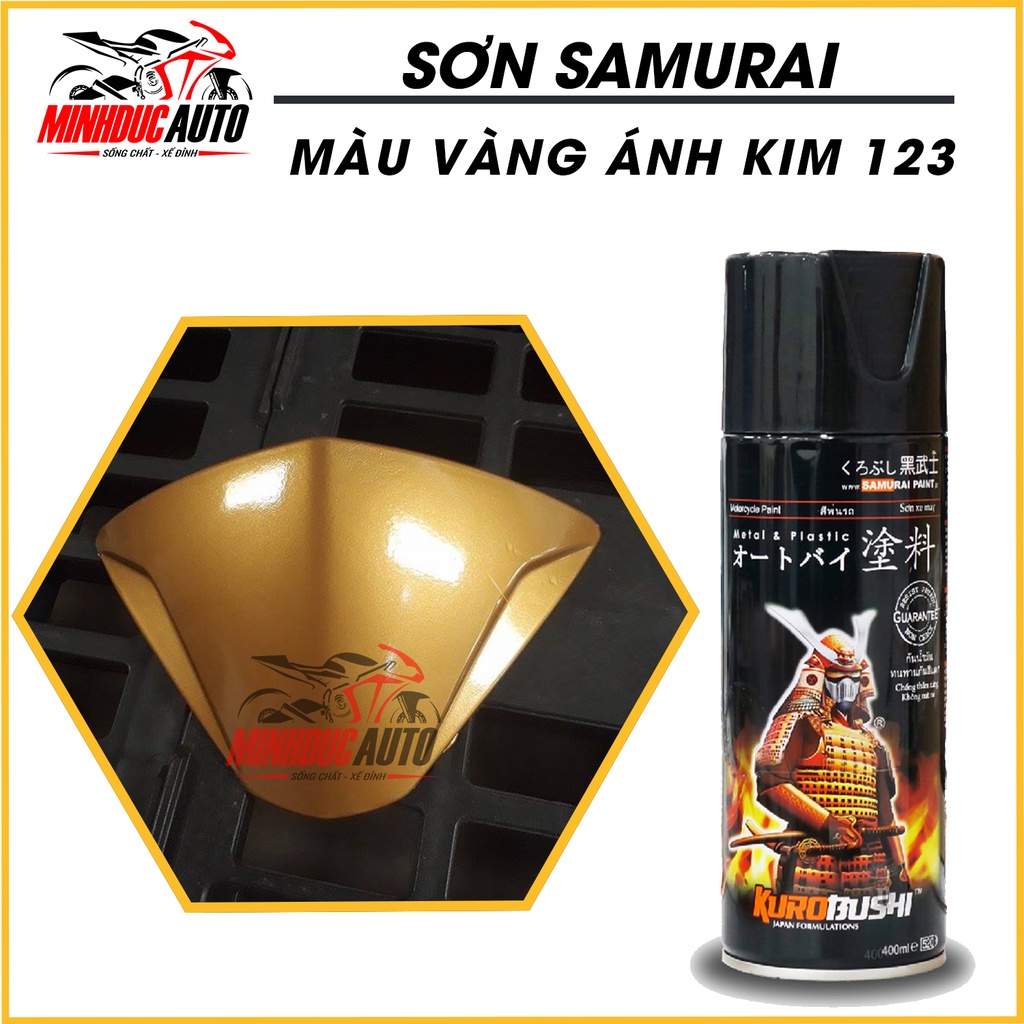 Chai sơn 123 màu vàng đồng ánh kim Sơn xịt Samurai nhập khẩu từ Malaysia.