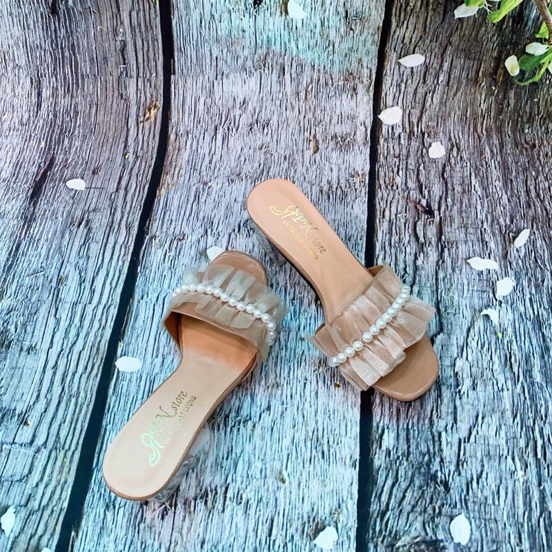 Guốc cao gót vuông trong 5p quai dún bánh bèo dây hạt châu phối ren