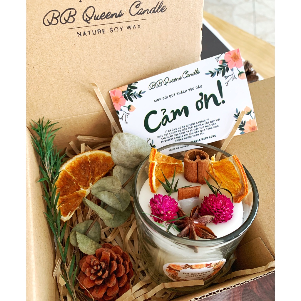 HỘP QUÀ NẾN THƠM trang trí hoa khô 180gr , Hương thơm 4 mùa _ gói set như hình