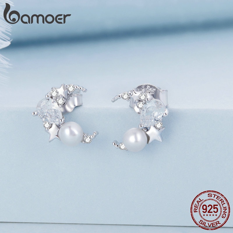 Bông tai nữ BAMOER bạc 925 đính ngọc trai giả thời trang BSE666