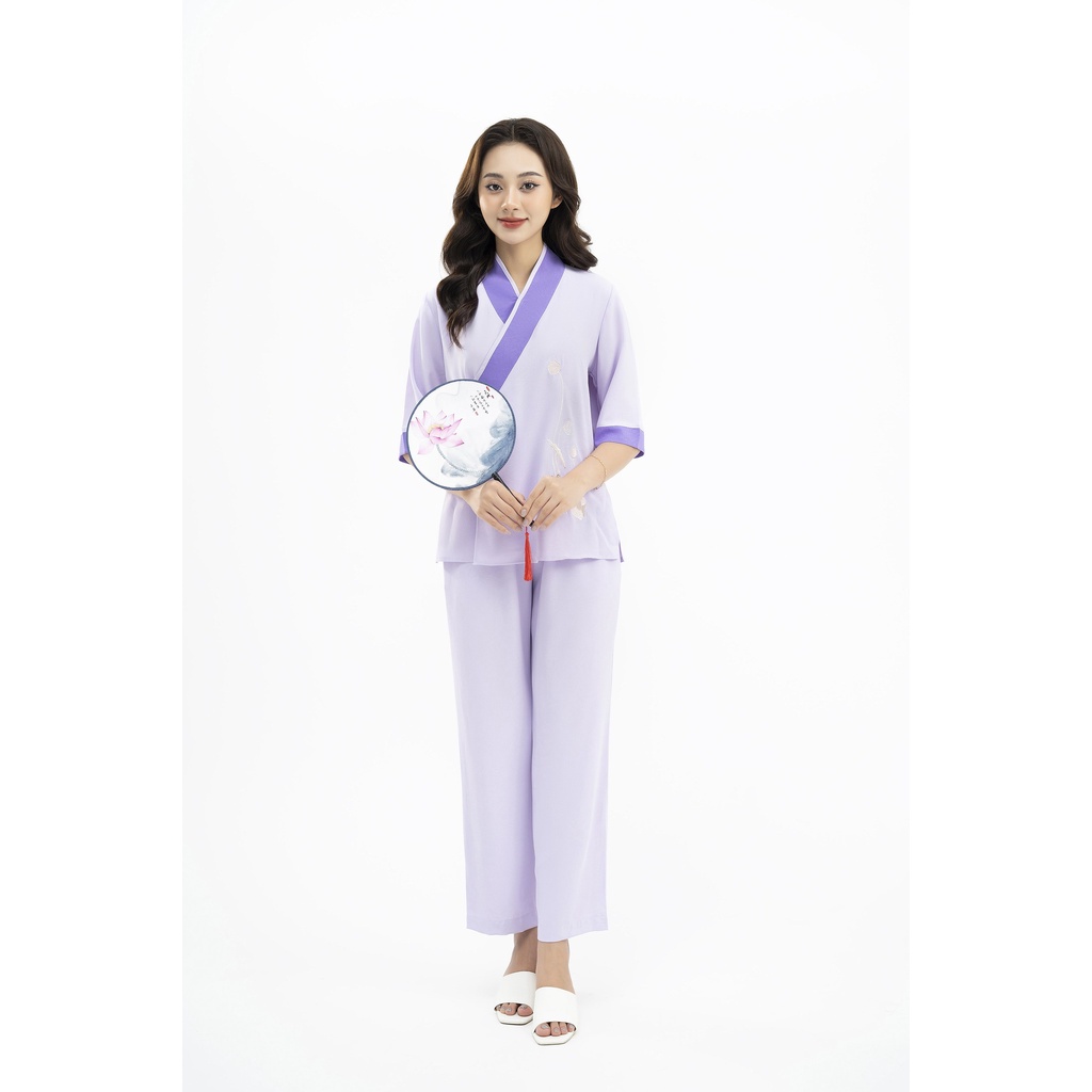 Bộ Đồ Lam Đi Chùa VADESI Bộ Thư Pháp Phật Tử Cài Chéo Tay Lỡ Lụa Tằm Pháp Cao Cấp Thêu Hoa Sen Không Nhăn