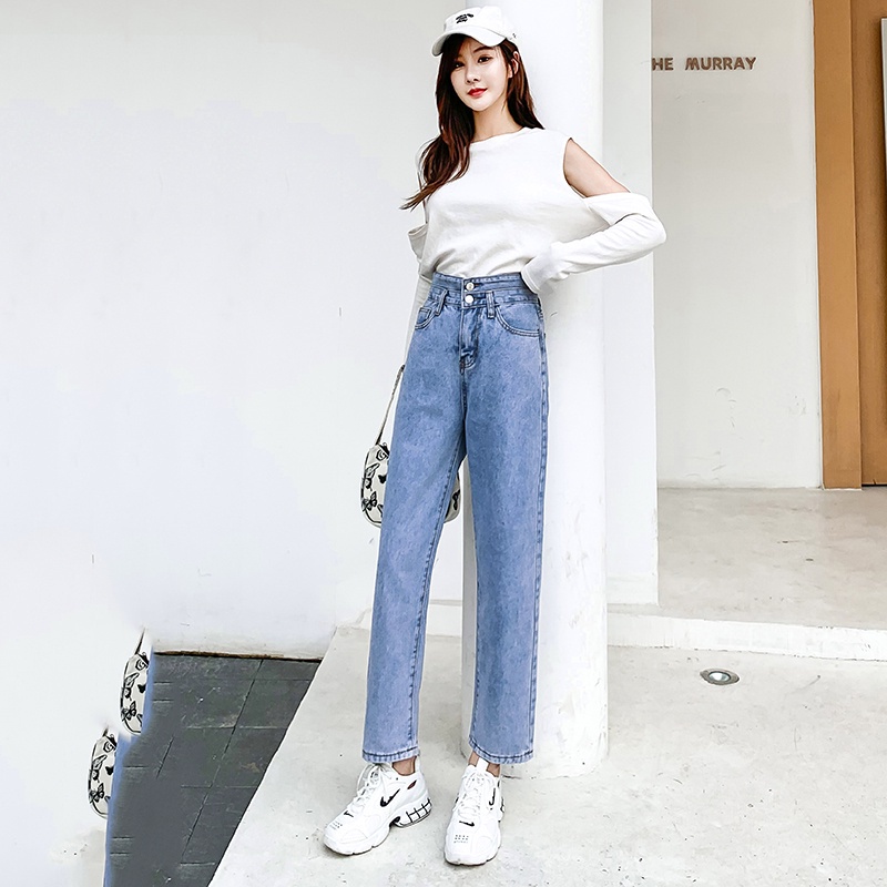NRVP Quần jeans lưng cao ống rộng thiết kế xẻ rách cá tính