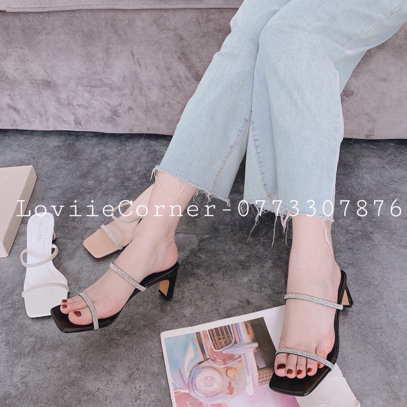 DÉP CAO GÓT LOVIIECORNER - GUỐC NỮ THỜI TRANG QUAI MẢNH - DÉP GUỐC NỮ QUAI MẢNH ĐẾ VUÔNG ĐÍNH ĐÁ D210109 D190907