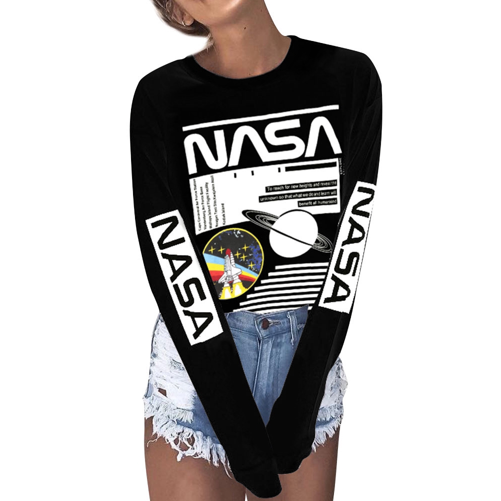 Ins Style Hot Women Slim Nasa Letter Print Tops Round Neck Long Sleeve Tshirt