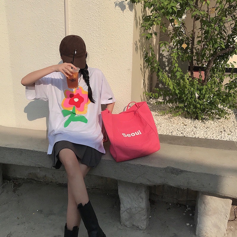 Túi xách bằng vải canvas cỡ lớn màu kẹo ngọt ngào thời trang Hàn Quốc cho nữ