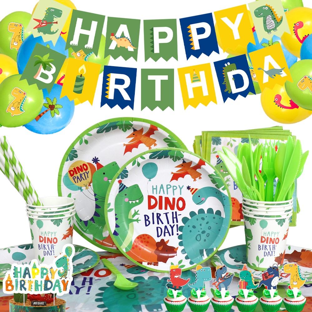 Bộ dụng cụ bàn ăn bằng giấy họa tiết khủng long hoạt hình dễ thương cho bé