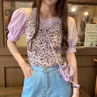 Order: - Set áo tay bồng cổ tròn và hai hai dây hoa nhí tím có ảnh thật