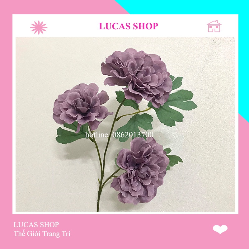 Hoa Giả- Hoa Cúc Thược Dược 65cm Cành 3 Bông Cao Cấp, Decor Nhà Cửa, Studio...