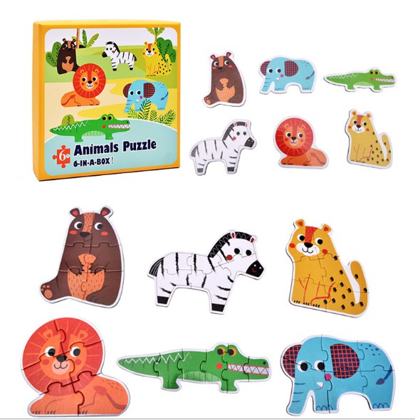 Đồ chơi bộ xếp hình 6 hình Puzzle size to, hộp giấy chọn chủ đề cho bé