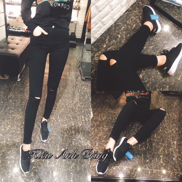 Quần bò đen rách gối và trơn | BigBuy360 - bigbuy360.vn