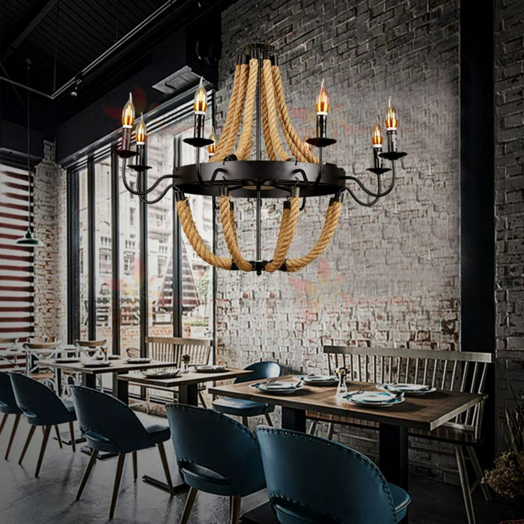 Đèn thả nến dây thừng khung sắt trang trí  SuperVilighting mã NENKHUNGSAT-6-8B treo phòng khách, quán bar, thời trang,