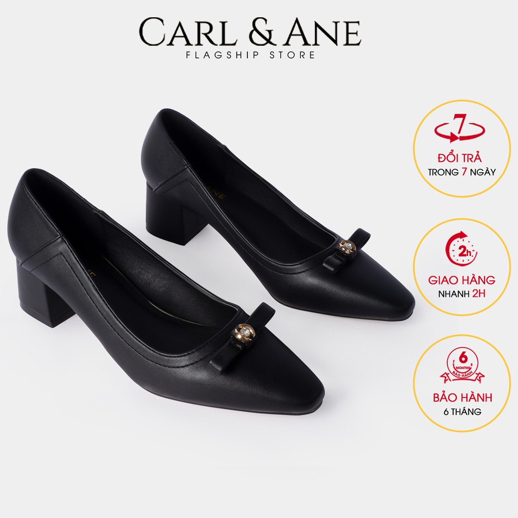 Carl &amp; Ane - Giày cao gót mũi vuông phối nơ cao 5cm màu đen _ CP007