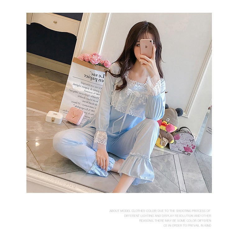 [Order] #34 Bộ ngủ tiểu thư cổ vuông ren cotton thích hợp mùa đông, xuân, thu | BigBuy360 - bigbuy360.vn