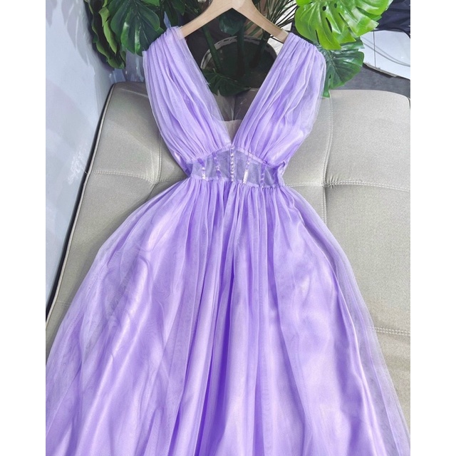 Đầm maxi sát nách lưới phồng dự tiệc / Tím