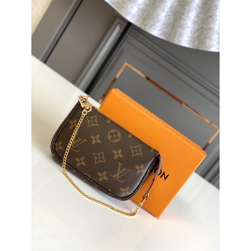 Túi MINI POCHETTE nữ da thật thời trang cao cấp Louis Vuitton LV thiết kế khóa kéo và dây xích vàng đẹp mắt