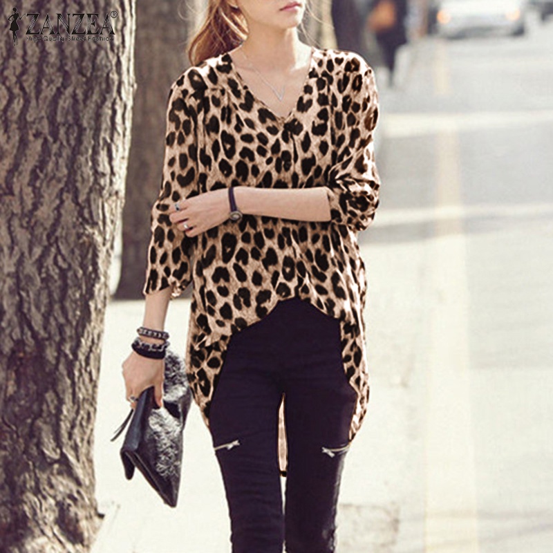 Áo sơ mi nữ Zanzea cổ chữ V tay dài họa tiết da báo thời trang