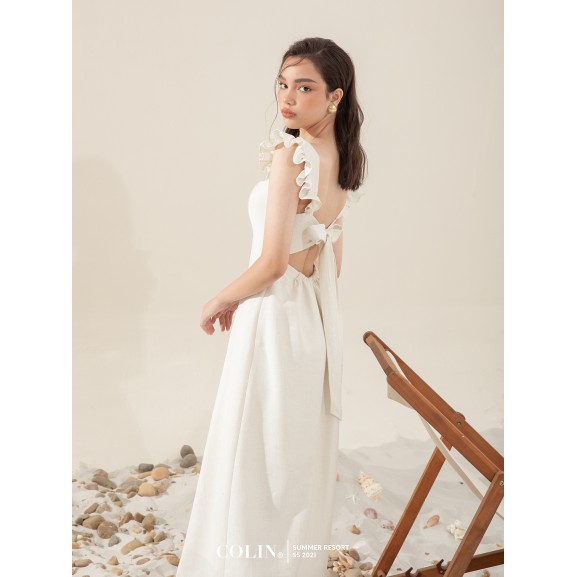 [COLIN CLOTHING] Đầm dài nữ vai bèo cổ vuông thắt nơ lưng eo