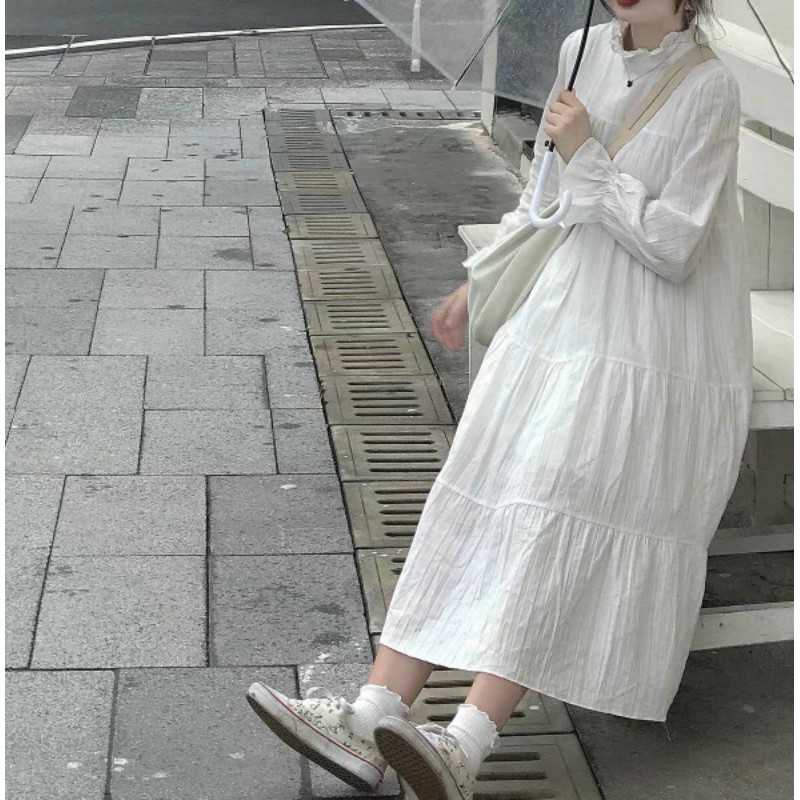 ĐẦM VÁY BABYDOLL TRẮNG BÈO DÀI TAY DÁNG XUÔNG