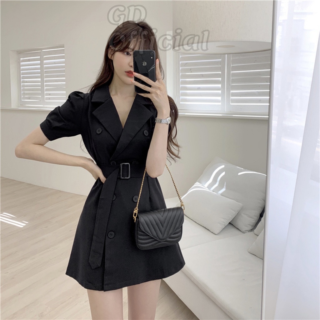 D38|Đầm nữ nhẹ nhàng ngắn tay, phồng cổ vest thanh lịch, hiện đại kèm thắt lưng màu đen, nâu GD Official