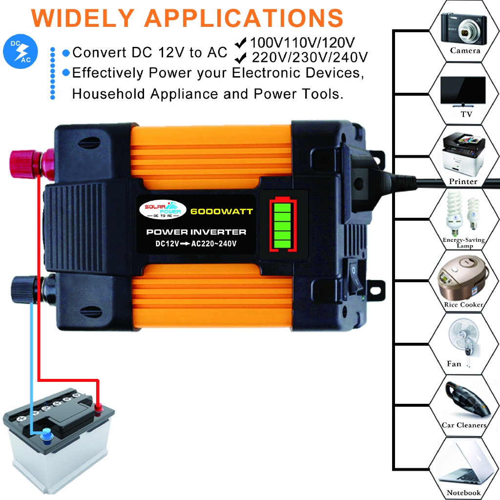 Bộ biến tần xe hơi điện mặt trời chuyển đổi 12V DC thành 110V/220V AC công suất tối đa 6000W