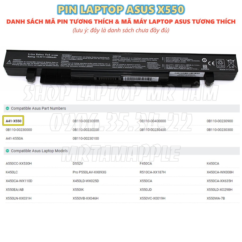 (BATTERY) PIN LAPTOP ASUS X550 (A41-X550) - 4 CELL - A41-X550 A41-X550A X450 X452 X550 X552 R409 R510 P450 P550 K550 F45