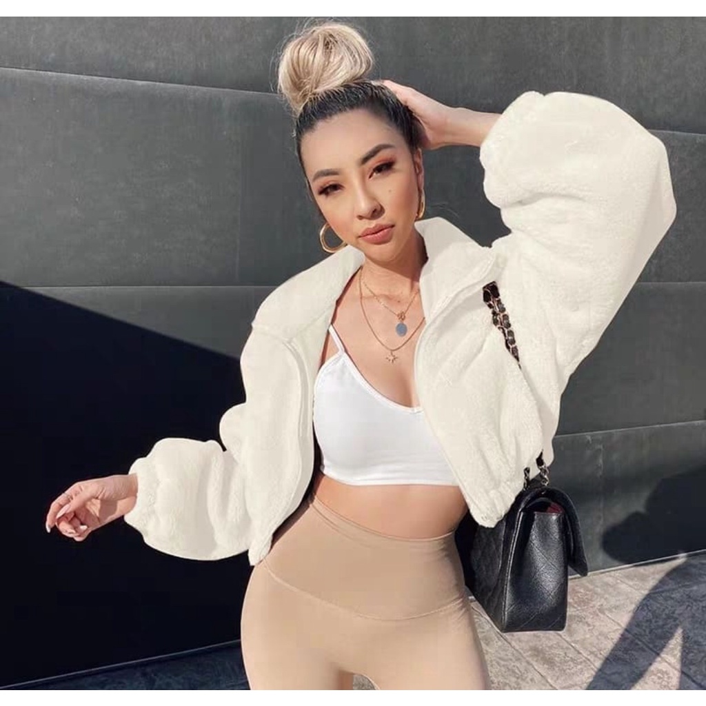 Áo khoác lông croptop cá tính dành cho nữ B813 sẵn đen