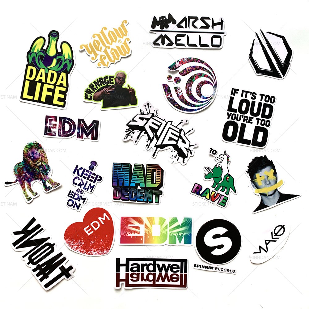 Sticker EDM nhạc điện tử hình dán chống nước trang trí xe, laptop, nón bảo hiểm, tem dán đàn guitar, xe cub